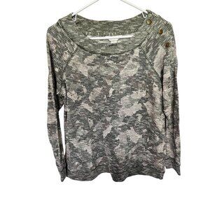 Christopher & Banks Top Green Camouflage Pattern with Button Shoulder M